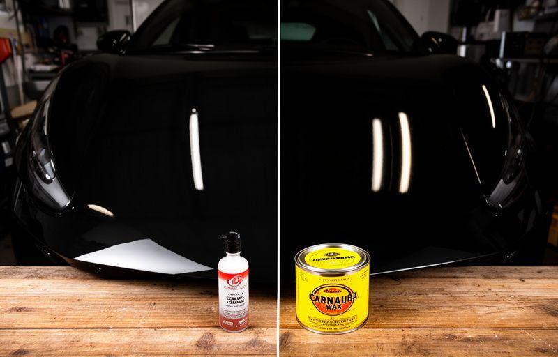 Ceramic coating bottle and carnauba wax tin side by side on a workshop bench
