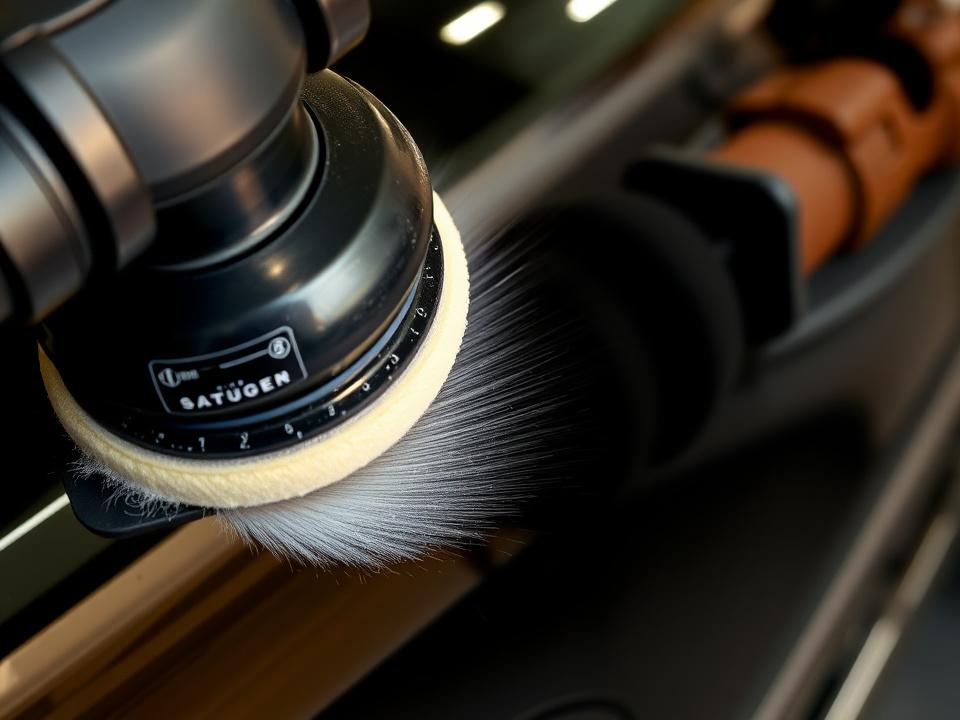 Orbital polisher working compound on a black car panel under halogen light