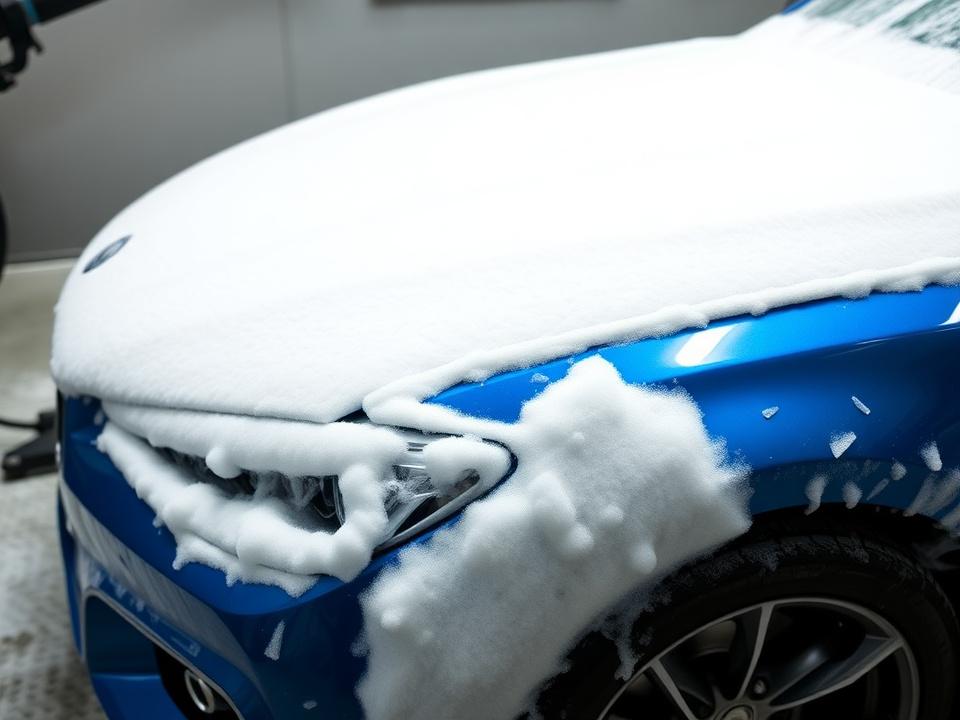 Snow foam covering a metallic blue car bonnet in the workshop bay
