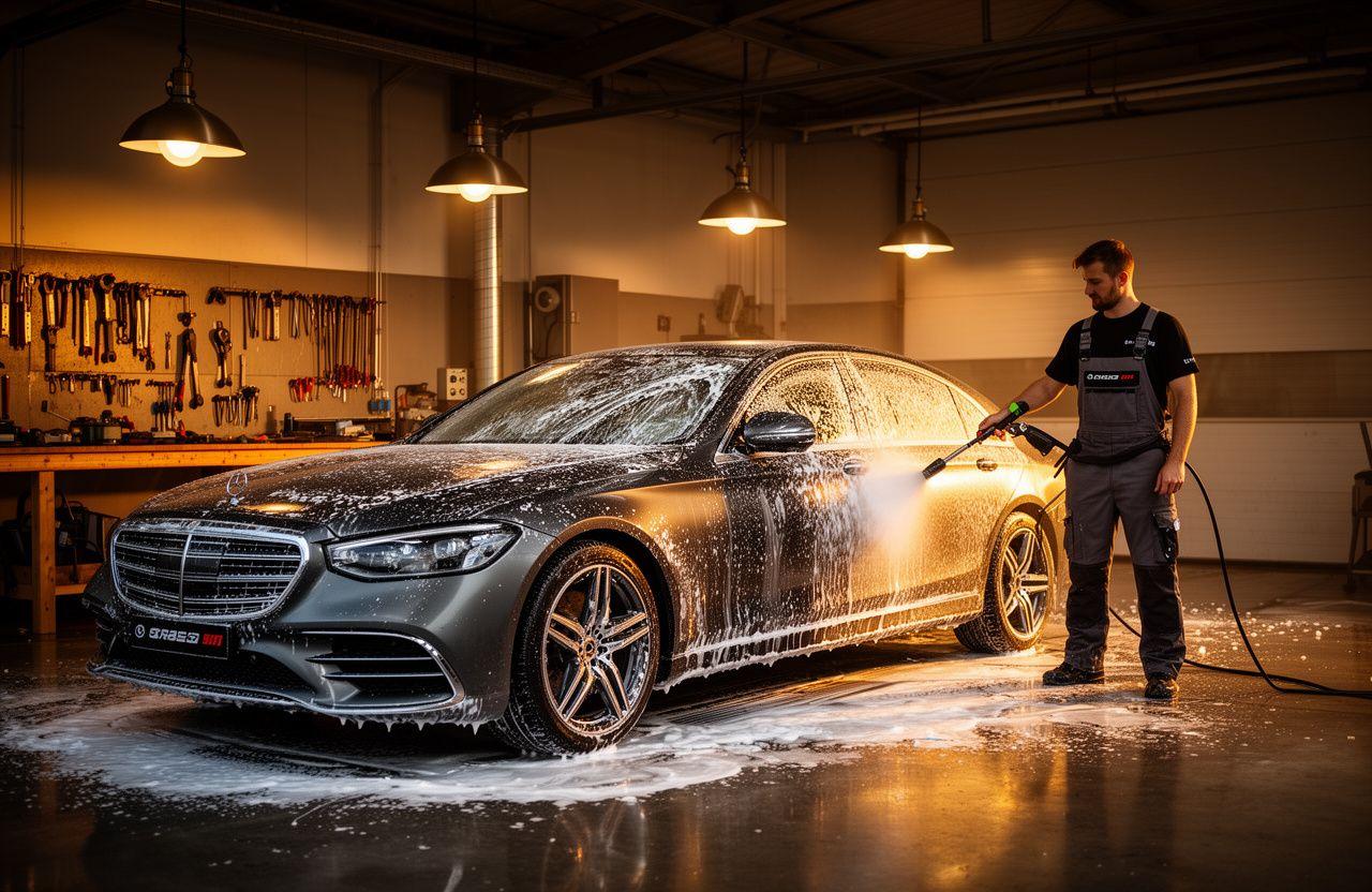 Neurabit workshop bay with luxury sedan covered in white snow foam