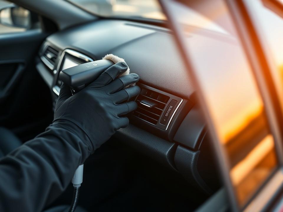 Detailer brushing air vents inside a black leather cabin