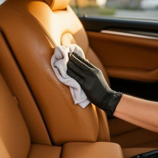 Leather seats being conditioned by hand