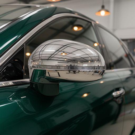 Mirror-finish detail on a polished green sedan