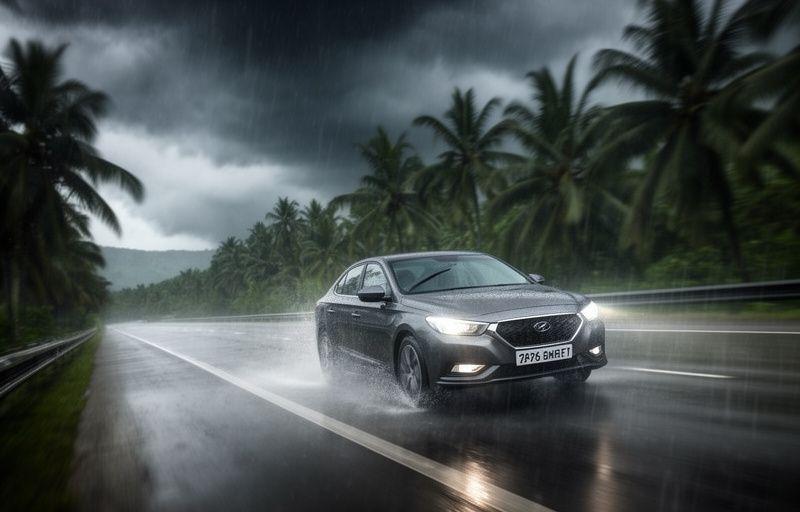 Sedan driving through heavy monsoon rain on a Malaysian highway