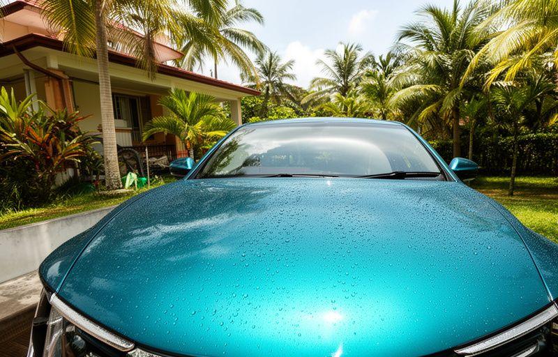Wet car parked under tropical palm trees in Malaysia