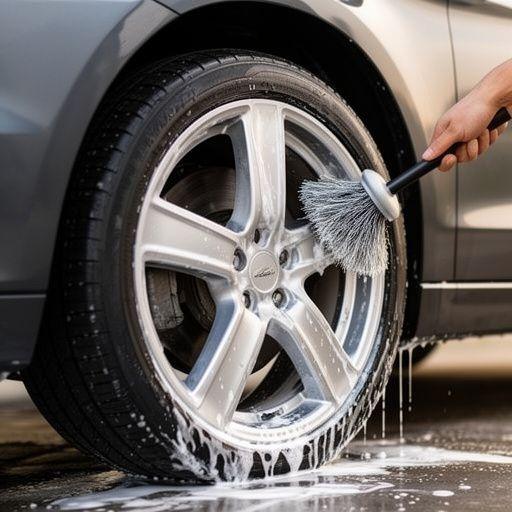 Alloy wheel being cleaned with brush and foam